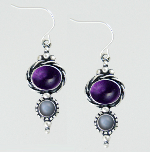 Sterling Silver Drop Dangle Earrings With Amethyst And Grey Moonstone